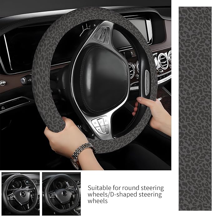Steering Wheel Covers for Car, Truck, and SUV, Cute Non-Slip Breathable Elastic Steering Wheel, Car Accessories, Universal 15 Inch Leather Cover for Men Women Black Leopard