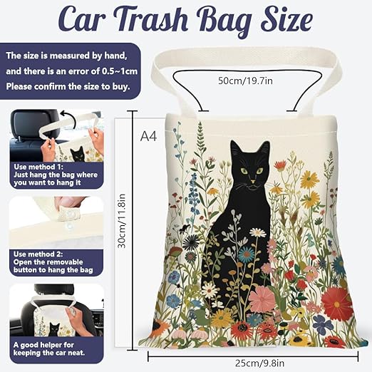 Black Cat Wildflower Print Car Trash Bag Portable Hanging Garbage Bag with Snap Buttons Back Seat Rubbish Storage Dustbin for Women Man Car Interior Accessories Kitchen Home Travel