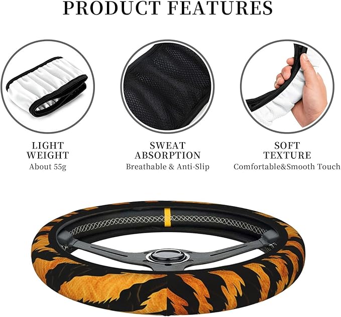 Steering Wheel Cover Polyester Thick Non-Slip Car Steering Wheel Cover Protector Universal 15 Inch, Animal Tiger Skin Print