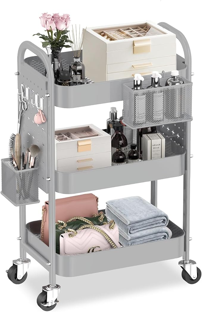 ALVOROG 3 Tier Rolling Cart with DIY Pegboards Metal Utility Cart with Wheels Handles Baskets Hooks, Craft Cart for Office Kitchen Bathroom(Light Gray)