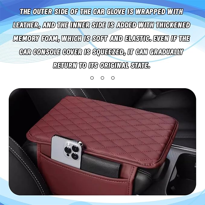 Arm Rest Cover Pad for Car, PU Leather Center Console Cover with Side Storage Bag, Universal Comfortable Armrest Storage Box Interior Accessories for Most Car Center Consoles (Beige)