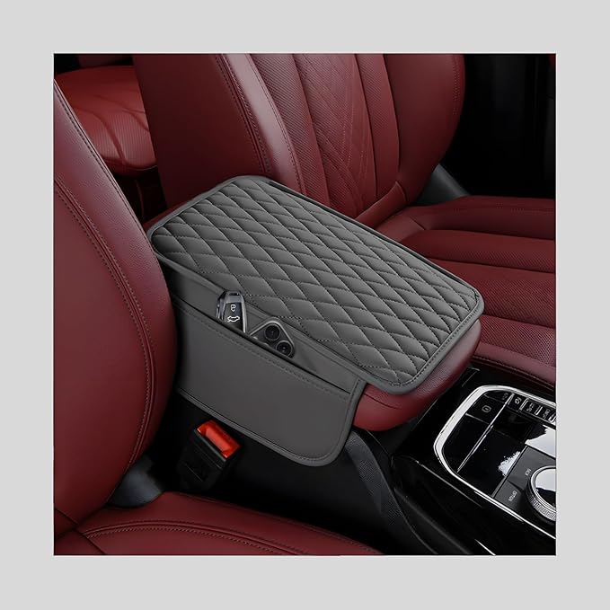 Car Center Console Cover, Waterproof Leather Arm Rest Cushion Pad with 2 Storage Bags, Anti-Scratch Armrest Seat Box Protector Interior Accessories for Most Vehicles (Gray)