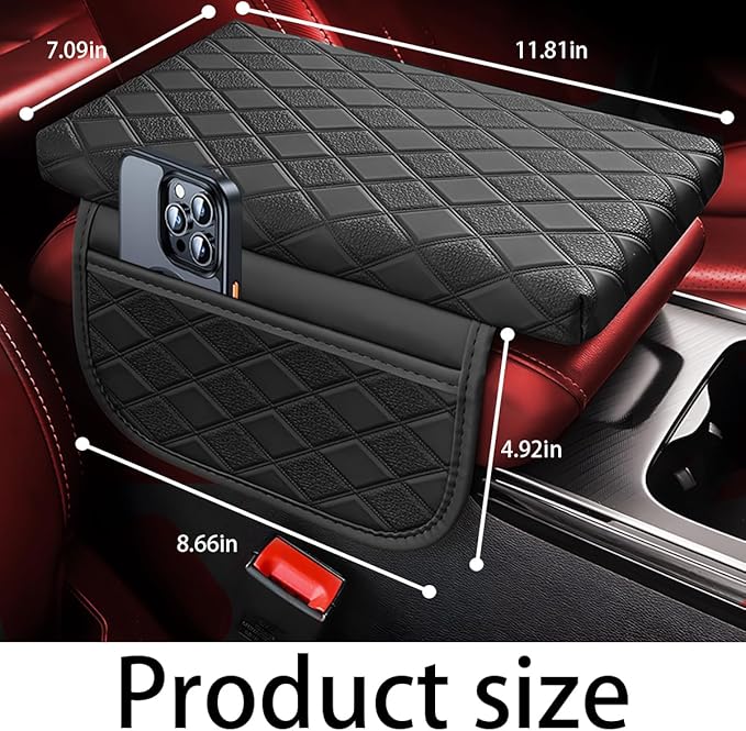 Car Center Console Cover, Leather Vehicle Armrest Pad with 2 Side Storage Bags, Comfortable Auto Interior Middle Console Storage Box Cushion Accessories, Universal for Most Cars (Black-1)