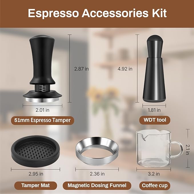 51mm Espresso Accessories Kit - 51mm Tamper and Espresso Cups Set of 2 - WDT Tool Dosing Funnel Silicone Mat Espresso Machine Accessories Distribution Tool - Suitable for 51mm bottomless portafilter