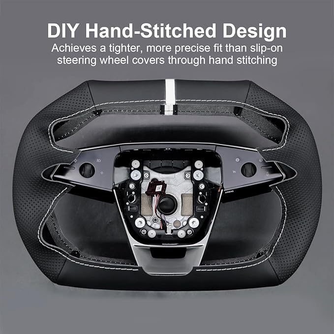 Steering Wheel Cover for Cybertruck Hand Stitching DIY Nappa Leather Steering Wheel Cover with White Center Mark (Black with White)