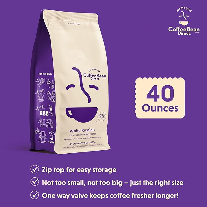 Coffee Bean Direct White Russian Flavored, Whole Bean Coffee, 2.5 Pound Bag (Pack of 1)