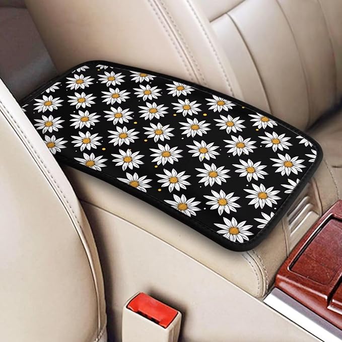 Daisy Car Center Console Cover Floral Wildflower Cute Polyester Armrest Pad Cushion Automotive Cars Center Console Lid Protector Black Car Decor Accessories