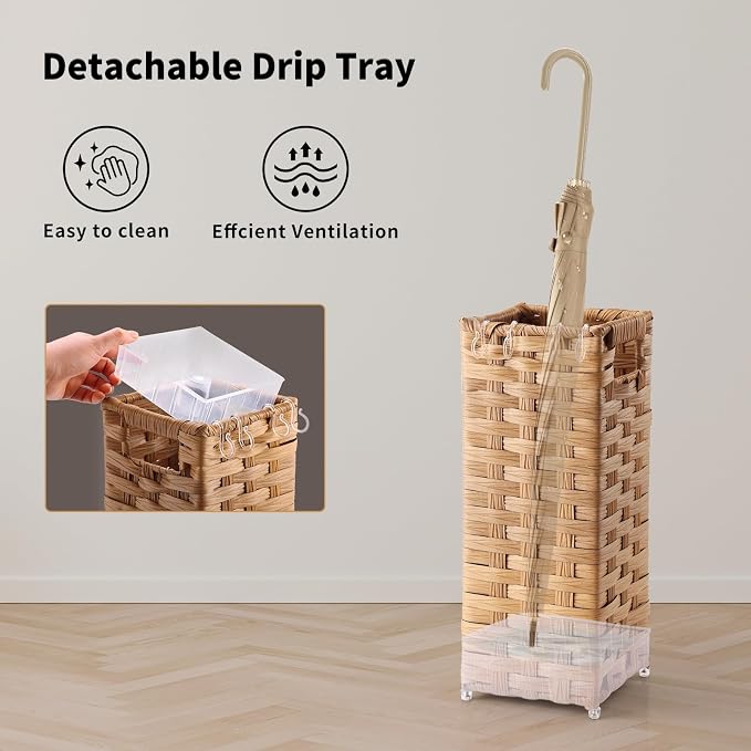 Rattan Umbrella Stand, Umbrella Holder for Entryway, Hand Woven Umbrella Rack Organizer Freestanding, with a Detachable Drip Tray, 4 Hooks, 6.5" L x 6.5" W x 16.5" H, Natural