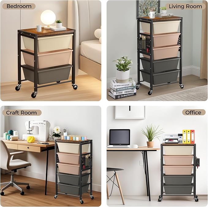 Rolling Cart with 4 Drawers, Plastic Drawer Storage Carts with Wheels & Wooden Tabletop, Metal Utility Cart with Pegboards, Office Living Room Classroom Craft Organization and Storage, Dark Brown