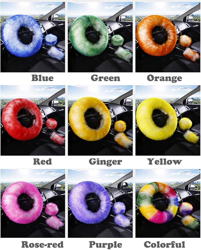 15inches Universal Leather Car Steering Wheel Cover Car Accessories Colorful Fuzzy Steering Wheel Cover Gear Shift Cover Handbrake Cover (Rose-red)