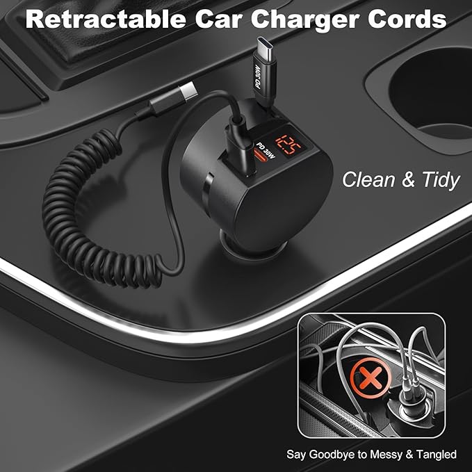 78W Retractable USB C Car Charger, OKRAY 3-Port 12v Cigarette Lighter Car Adapter with Type C PD30W Fast Charging Cord+Coiled USB C Cable for iPhone 17 Air 16 15 14 Pro Max, Samsung Galaxy S25 S24 A16