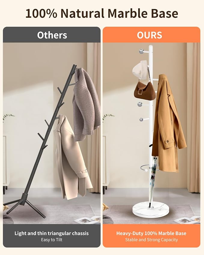 ZOZOE Metal Coat Rack Stand, Modern Coat Rack Freestanding with Natural Marble Base, Sturdy Industrial Coat Racks with 8 Hooks & Umbrella Holder,White Coat Tree Hanger Stand for Entryway,Office