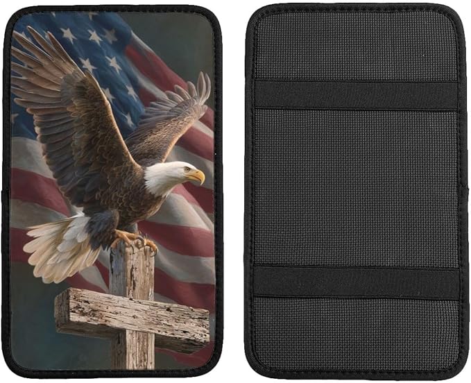 American Flag Jesus Cross Eagle Center Console Cover Pad, Car Armrest Seat Box Cover Cushion Universal for Most Vehicle SUV Truck, Car Interior Accessories Decor, Protect from Pet Claws & Dirt
