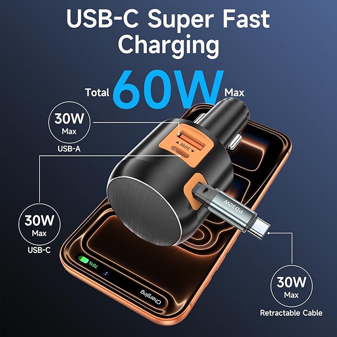 Retractable Car Charger USB C Fast Charge for iPhone 17 16 Car Charger, 60W Type C Built-in Retractable C Cable for iPhone Air/16/15 Series, iPad, Pixel and More