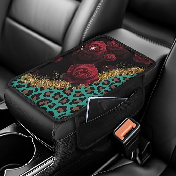 CLOHOMIN Red Rose Car Center Console Cover Green Leopard Print Armrest Box Cover Center Console Pad Fit for Most Vehicles Auto Accessories Anti-Scratch Arm Rest Covers
