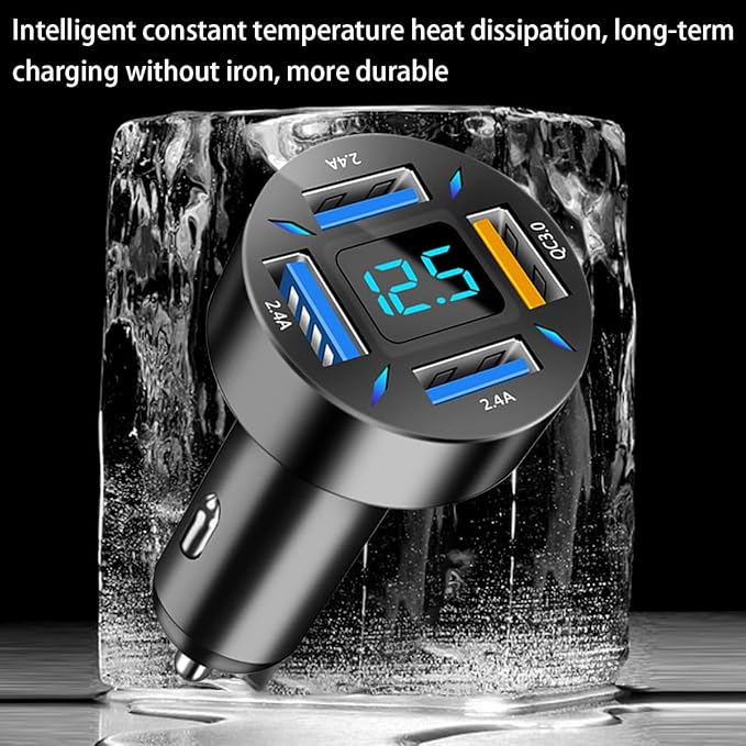 4 Ports USB Car Charger, 66W Super Fast Charging with QC 3.0, PD 20W and USB 2.4A Charger Adapter, Quick Charge with LED Voltmeter, Auto Cigarette Lighter Plug (QC3.0, 2PCS)