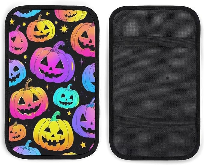 Auto Center Console Car for Halloween Trippy neon Pumpkin Skull Fits Universal Car Soft Comfort Armrest Cushion Handrail Box Cover