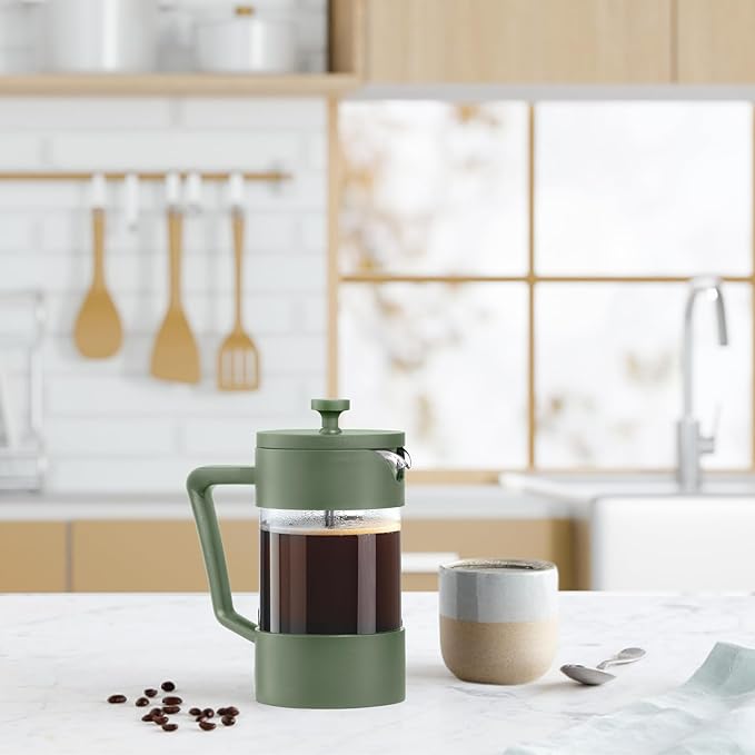 Oggi Borosilicate Glass French Press Coffee Maker (20oz)- 5 Cup Capacity, Coffee Press, Single Serve Coffee Maker, Stainless Steel Lid & Plunger, Make Great Coffee Gifts, Green