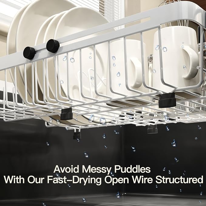 MAJALiS White Dish Drying Rack Over The Sink, Expandable Stainless Steel Dish Drainer for Small Kitchen Counter Space Saving, RV Compact Plate Strainer in Metal with Hanging Adjustable Utensil Holder