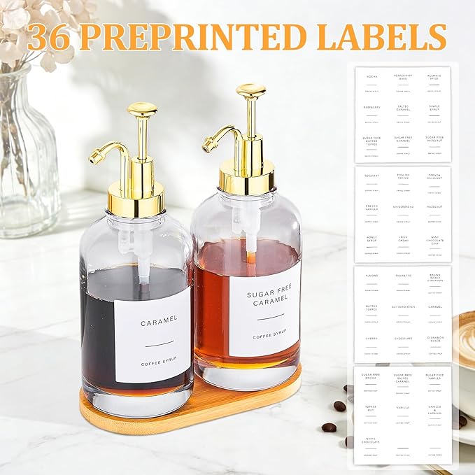 Coffee Syrup Dispenser, Coffee Bar Accessories 16.9 oz 500 ml - 2 Pack Glass Bottles with Pumps and Labels for Cafe or Home Bar, Kitchen(Gold Pump)
