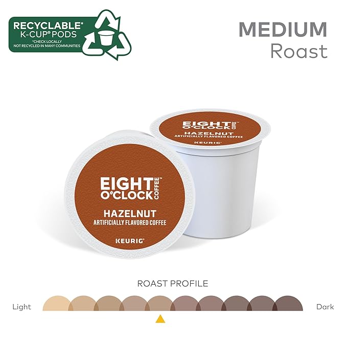 Eight O'Clock Coffee Hazelnut Single-Serve Keurig K-Cup Pods, Medium Roast Coffee Pods, 32 Count