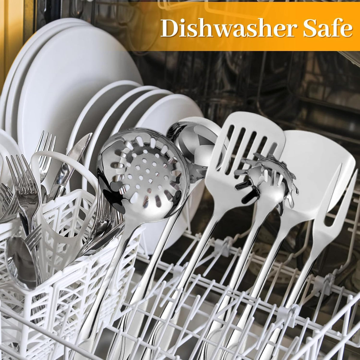 Stainless Steel Cooking Utensils Set - 6 Piece Kitchen Utensils Set, One Piece Seamless Handle Stainless Steel Utensils with Hanging Hole, Dishwasher Safe