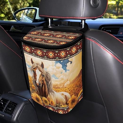 Aztec Horse Sunflower Car Trash Can Hanging Leak Proof Trash Bin Hanging for Back/Front/Console of Cars,Horse Car Accessories for Women Men