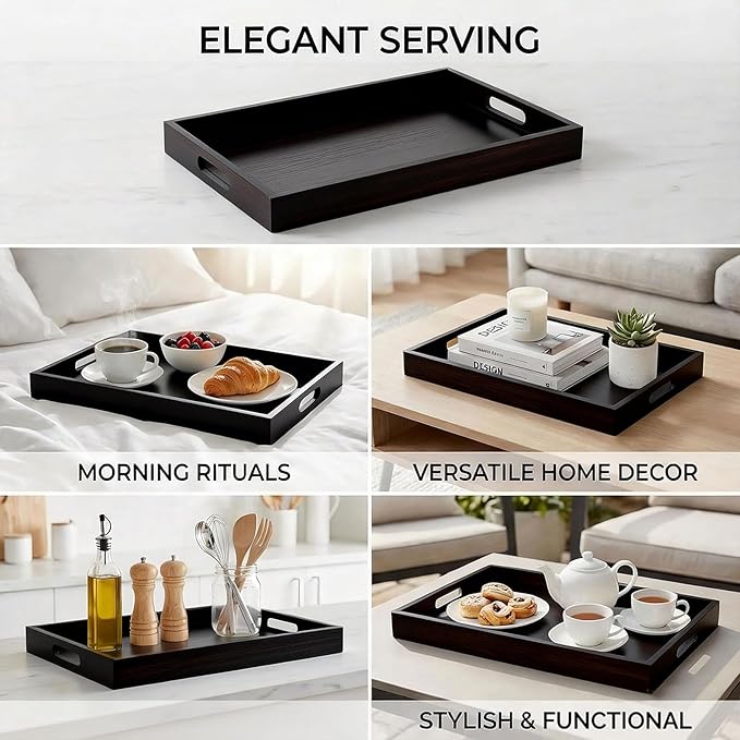 Krismax Wooden Serving Tray with Handles, Serving Platter 15.7x11.4 Inch Food Drinks Tray for Coffee Table,Decorative Storage Tray for Entertaining, Breakfast Tray in Bed,Lunch,Dinner,BBQ(Black)