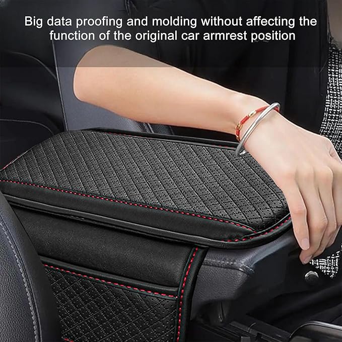 Car Center Console Cover, Microfiber Leather Armrest Cover Cushion with 2 Storage Bags, Anti-Scratch Middle Console Protector Interior Accessories for Most Cars SUVs Trucks (Black & Red)