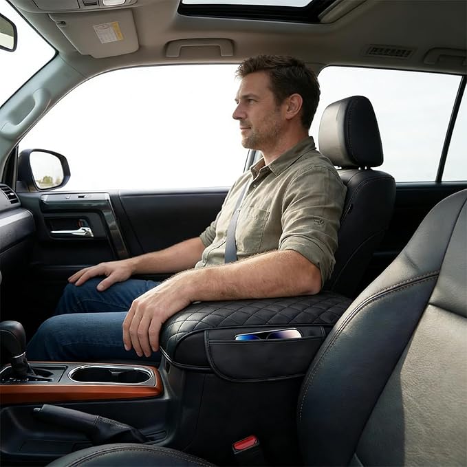 Armrest Cover Compatible with Toyota 4Runner 2010-2024, Center Console Pad with Organizer Storage Pockets, Leather Arm Rest Lid Protector Cushion Interior Accessories