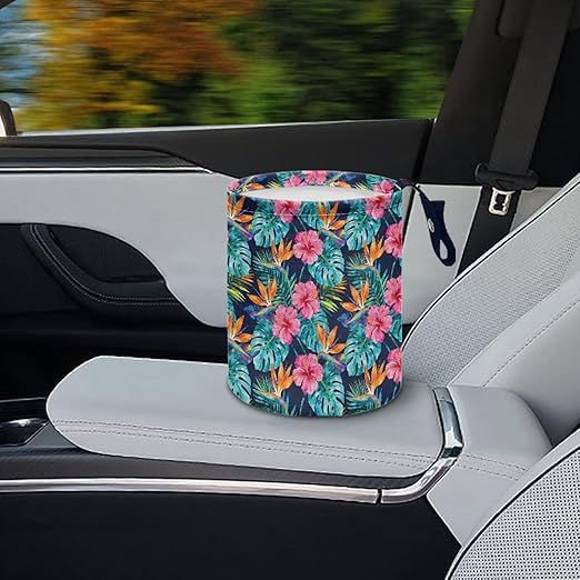 Tropical Floral Portable Dustbin Bin Waste Basket Palm Leaves Car Accessories Interior Collapsible Universal for Car SUV Trucks