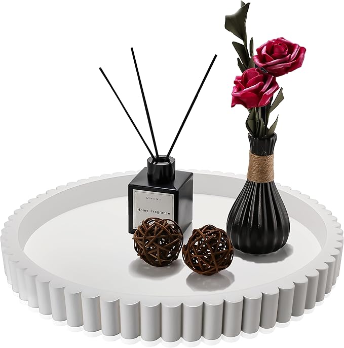 Handmade 12in Decorative Tray for Coffee Table Tray Decor, White Wooden Decorative Round Tray for for Coffee Table, Dining Room Table Entryway and Living Room Table