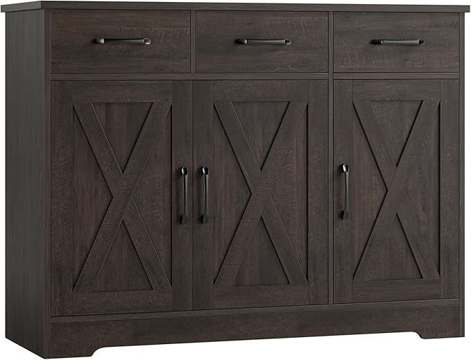 HOSTACK Modern Farmhouse Buffet Sideboard Cabinet, Barn Doors Storage Cabinet with Drawers and Shelves, Wood Coffee Bar with Storage for Dining Room, Kitchen, Living Room, Dark Brown