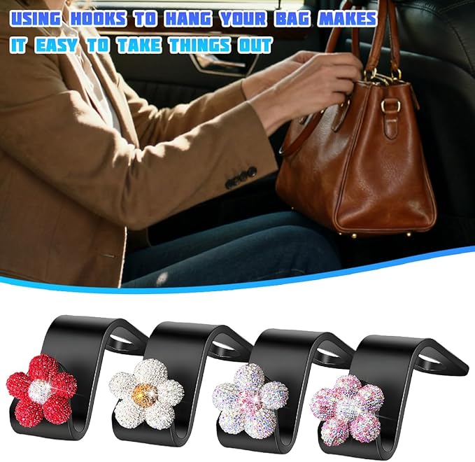 Bling Car Seat Headrest Hook, 4PCS Daisy Crystal Rhinestone Vehicle Backseat Hanger Hook for Purses Bags, Auto Headrest Storage Organizer Decorations, Universal Fit (Multicolour White Pink)