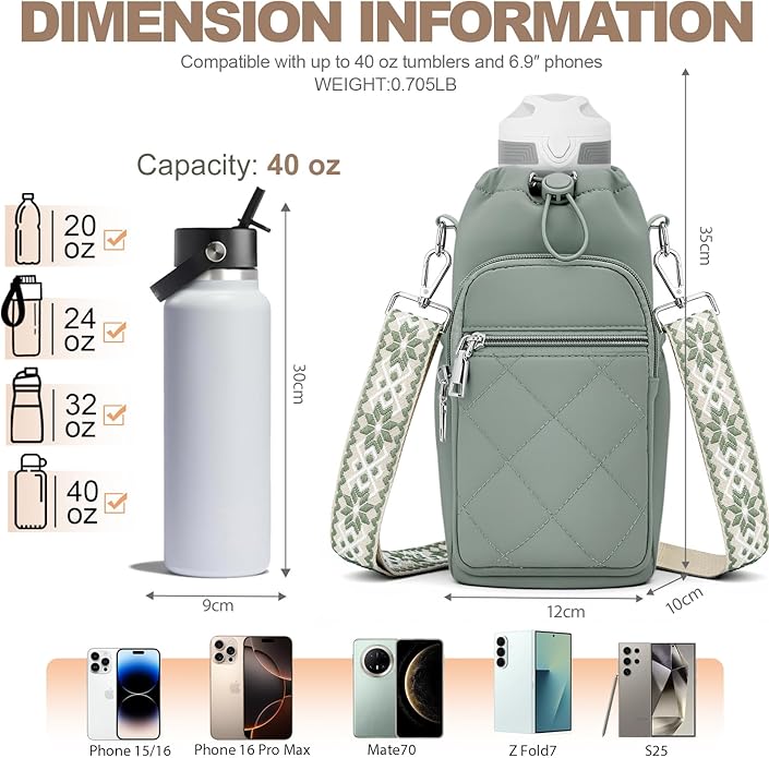 Water Bottle Carrier Bag with Strap, Water Bottle Purse with Phone Pocket 40oz for Walking Hiking