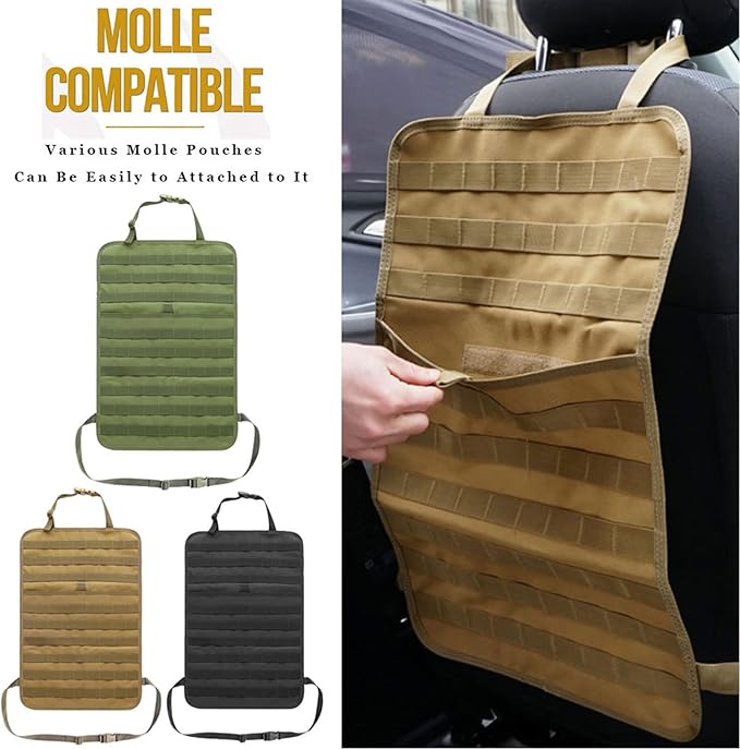 Tactical Car Seat Back Organizer Molle Backseat,Universal Molle Vehicle Organizers Panel Protector with 5 Detachable Pouches for Car Truck Jeep Vehicle (Khaki)