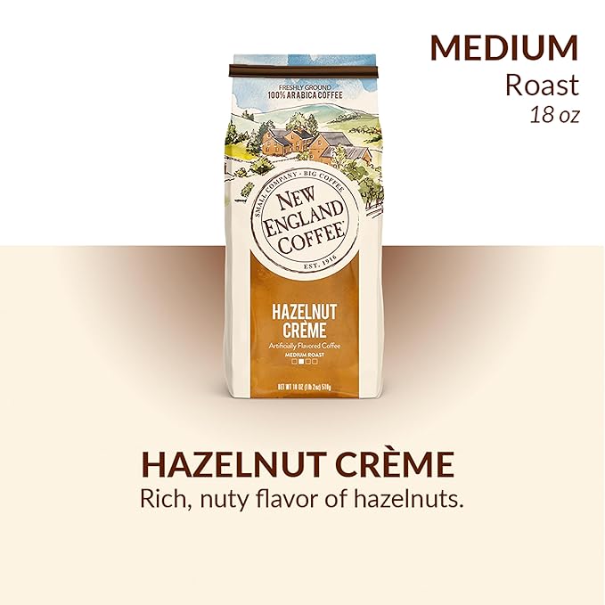New England Coffee Hazelnut Crème Medium Roast Ground Coffee, 18oz Bag (Pack of 1)