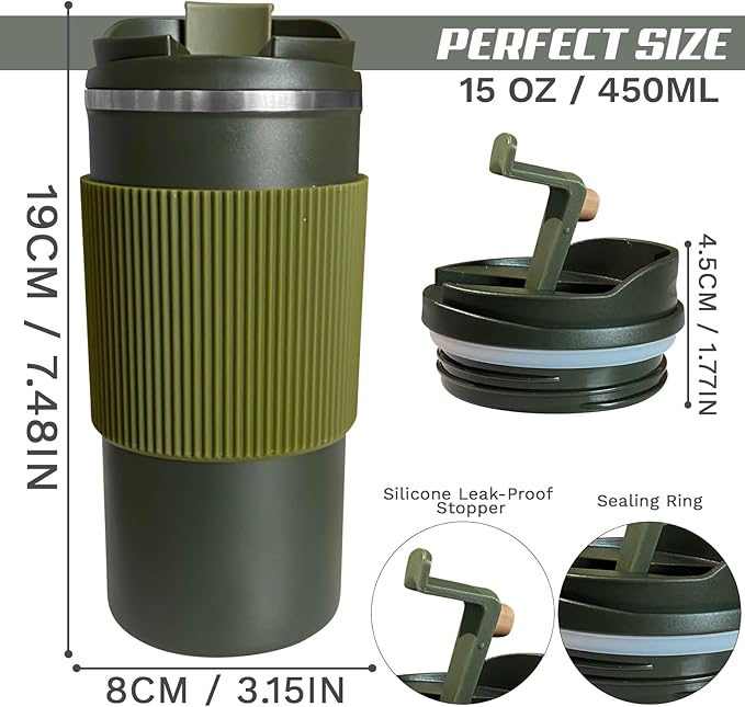 YINBAOGE Upgraded Insulated Travel Coffee Mug, Spill Proof & Leak Proof, Portable Camping Stainless Steel Tumbler, Reusable Thermal Coffee Cup with Lid for Hot & Cold Drinks (4th-Green, 15OZ)