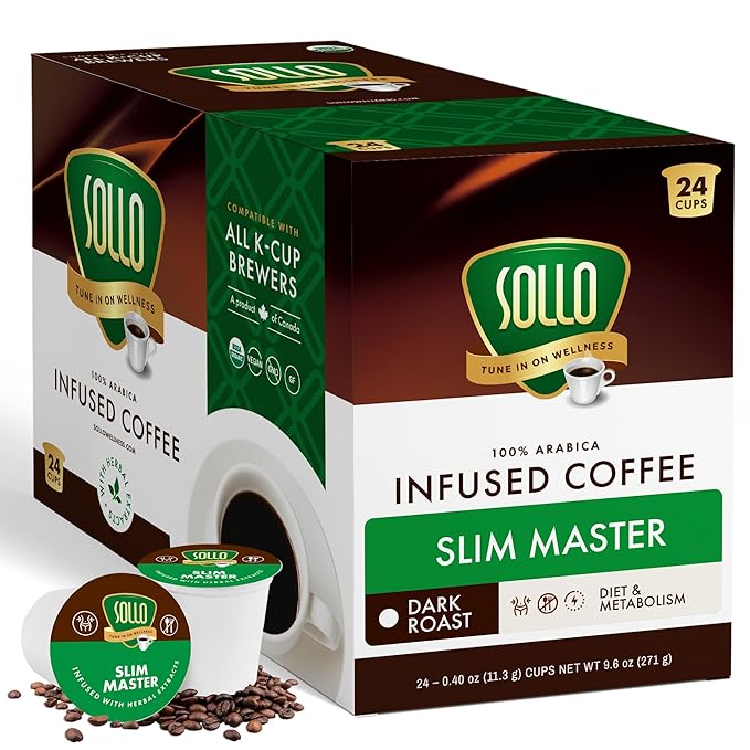 Sollo Slim Organic Coffee Pods, Diet Support, Weight Loss with Garcinia, Green Coffee Bean, Bold Dark Roast, Single Serve Pod, Compatible with Keurig K-Cup Brewers, 24 Ct
