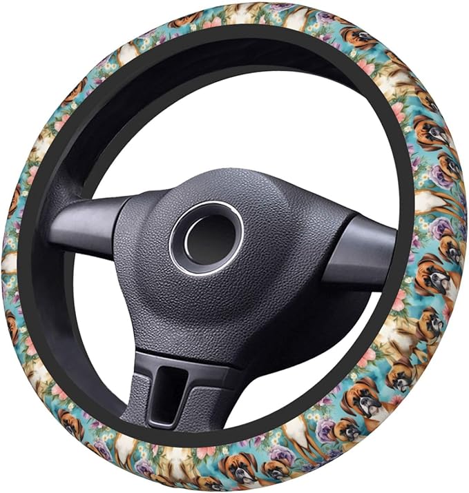 Boxer Dog Florals Mint Flowers Neoprene Steering Wheel Covers Women Men Car Accessories, Universal 15 Inch Fit Auto, Suvs, Truck