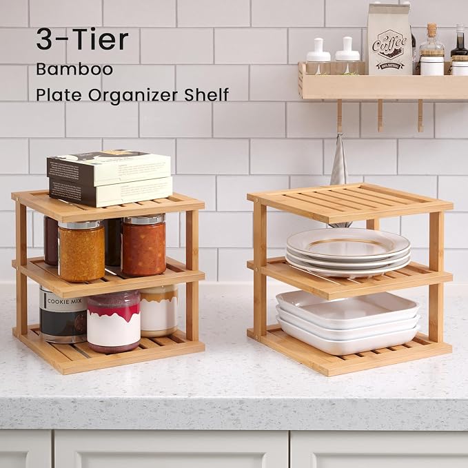 2 Pack Bamboo Corner Shelf,3 Tier Kitchen Cabinet Organizer for Plates and Dishes,Pantry Storage and Spice Rack（Natural）
