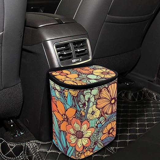 DISNIMO Abstract Groovy Flower Car Trash Can Bin with Lid Large Car Garbage Can Leakproof Mini Car Accessories Trash Bin Car Dustbin Organizer Container for Car Office Home