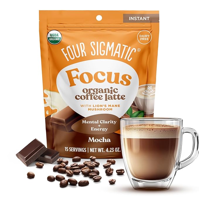 Four Sigmatic Mocha Focus Mushroom Coffee Latte | Plant-Based Organic Instant Latte with Lion’s Mane Mushroom for Focus and Mental Clarity | Made With Just 6 Organic Ingredients | 4.23 oz Bag
