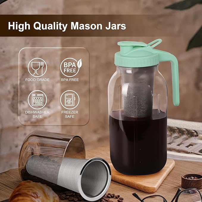 Cold Brew Coffee Maker - 64 Oz Heavy-Duty Glass Mason Jar Pitcher with Stainless Steel Filter, Leak-Proof Lid, Ergonomic Handle & Precision Pour Spout – Ideal for Iced Coffee, Tea, Cold Brew (Green)
