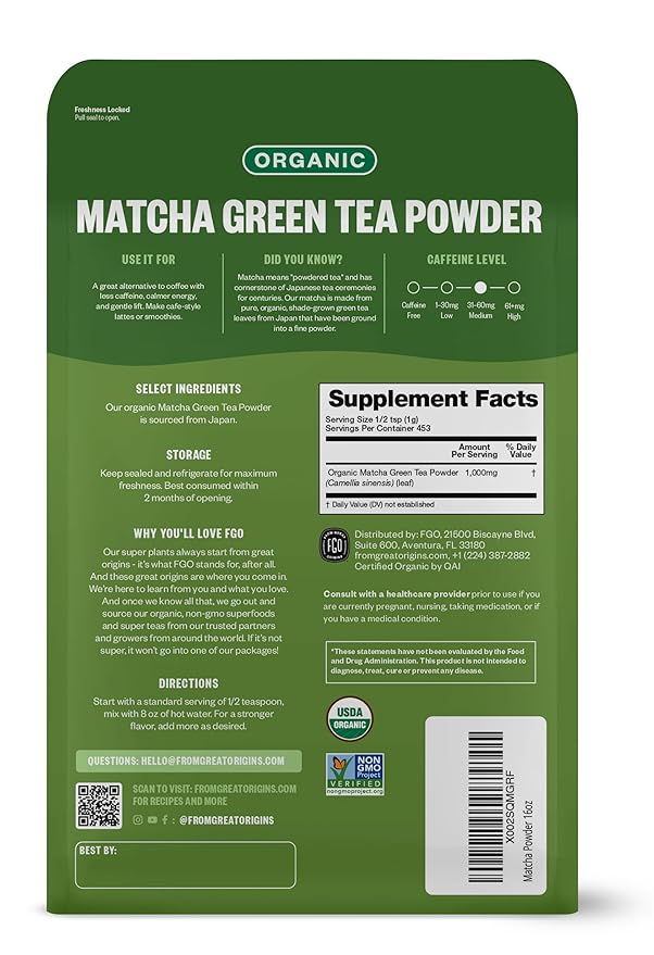 FGO Organic Matcha Green Tea Powder, Japanese Culinary Grade for Cooking, Baking, or Smoothies, 16oz Bulk Resealable Bag, Packaging May Vary (Pack of 1)