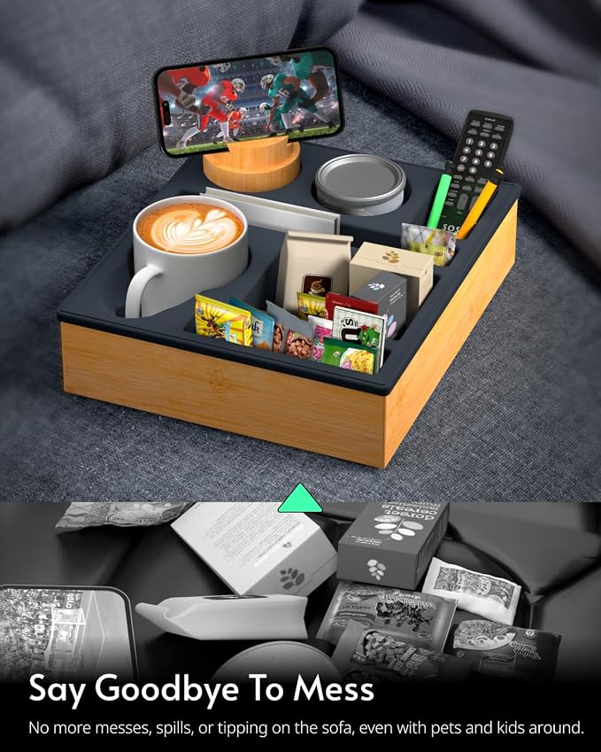 Couch Cup Holder Tray - Couch Organizer Caddy, Silicone Beach Caddy with Cup Holder, Sofa and Bed Drink Holder and Couch Tray Table for Snacks Beverage Remote (Black)