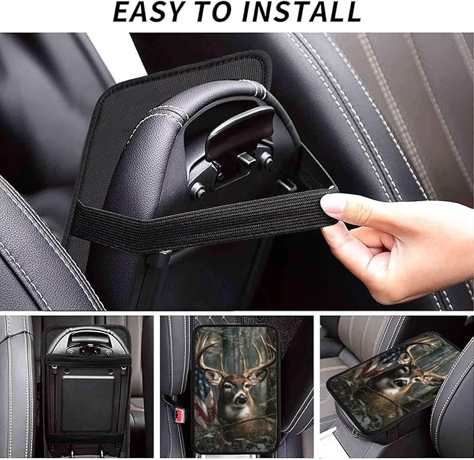 Flag Elk Car Center Console Non-Slip Armrest Cover Vintage Deer Jungle Hunting Arm Rest Seat Box Covers Protector Fit for Most Cars Sedans Vans Truck Vehicles, SUVs