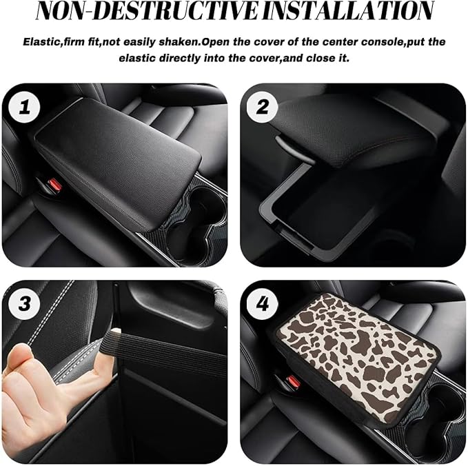 Dreaweet Brown Cow Print Center Console Cover Cute Car Accessories for Women,Car Console Covers with Pockets Car Armrest Cushion Cover Easy to Install Arm Rest Cover for Car Truck Van