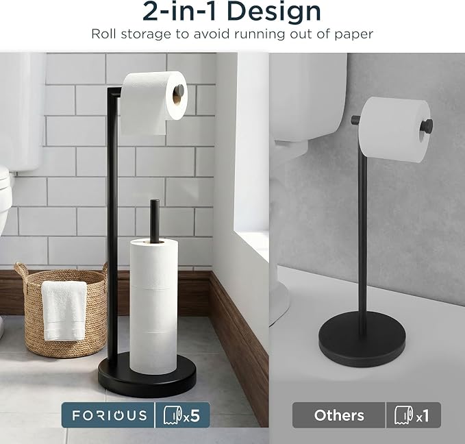 FORIOUS Toilet Paper Holder Stand, Modern Freestanding Tissue Roll Holder for Bathroom, Durable SUS 304 Stainless Steel and Weighted Base Toilet Paper Stand, Storage for 4 Rolls, Matte Black