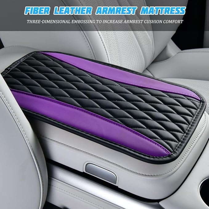 Car Center Console Cover, PU Leather Waterproof Vehicle Armrest Seat Box Protector, Automotive Interior Arm Rest Cushion Protection Accessories, Universal for SUV Sedan Truck (Black/Purple)
